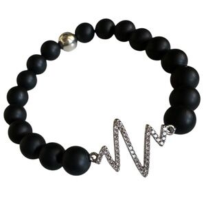 Classic Matte Onyx Heartbeat Bracelet Silver Pave Stretch Beaded Bracelet